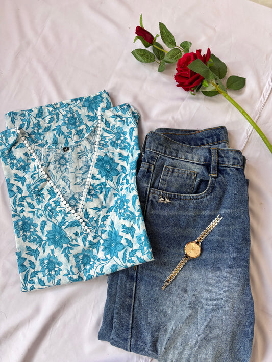 Blue Floral Short Cotton Kurti