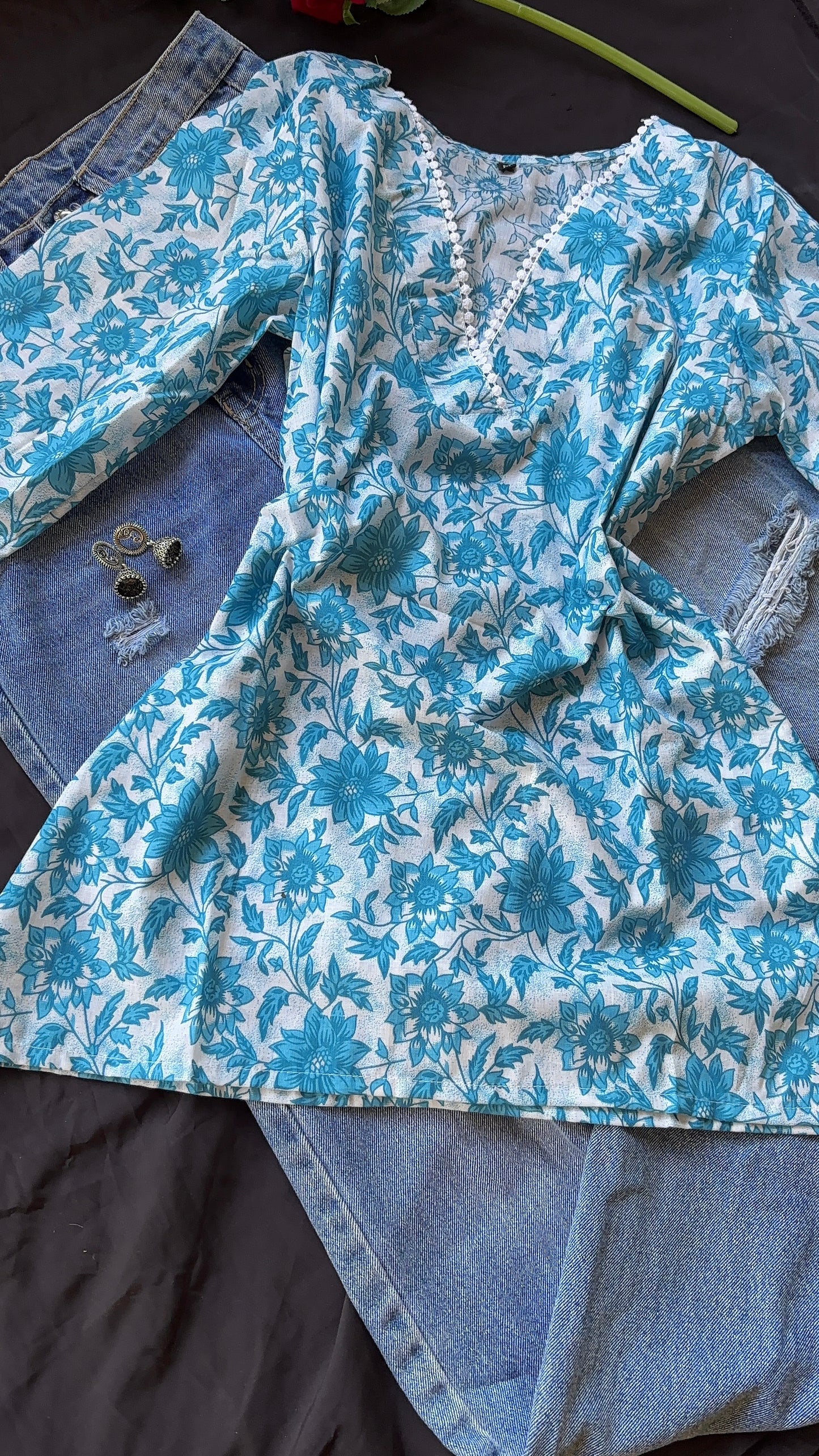 Blue Floral Cotton Kurti