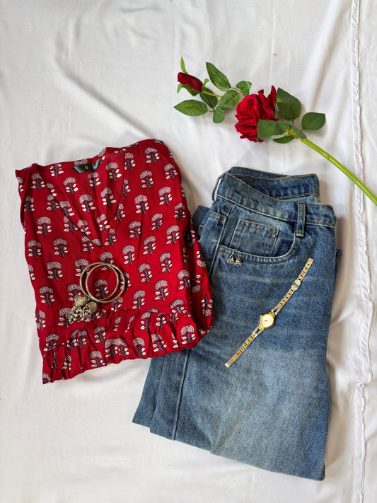 Classic Red Short Peplum Cotton Kurti