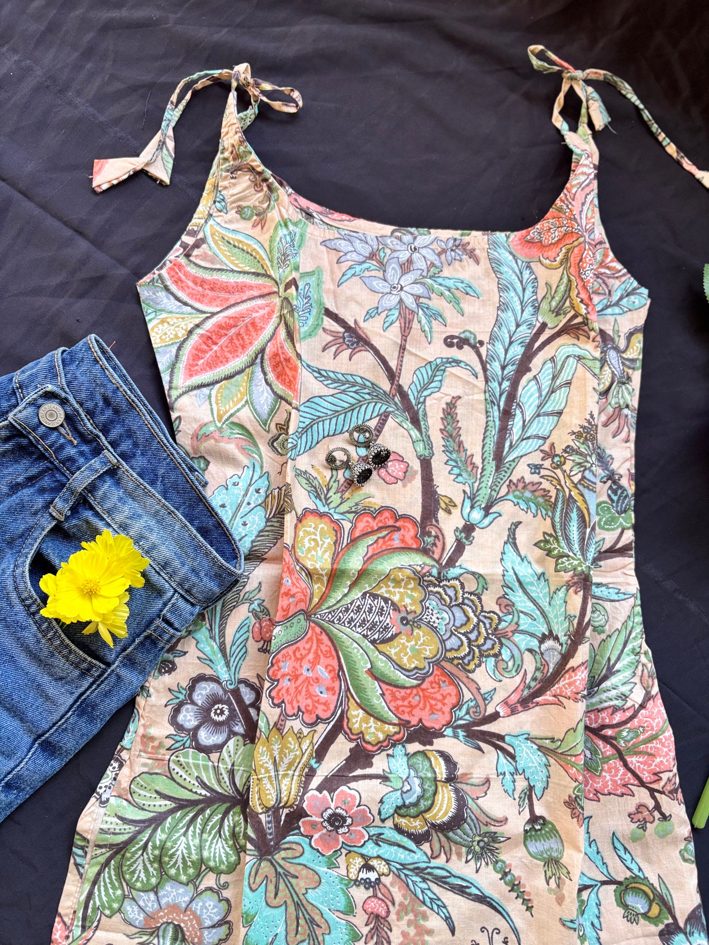Floral Print Cotton Spaghetti Strap Kurti