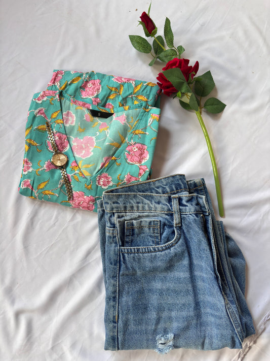 Peplum Aqua Green Full Sleeves Short Kurti