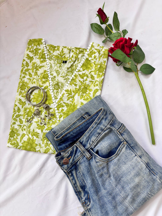 Green Floral Short Kurti