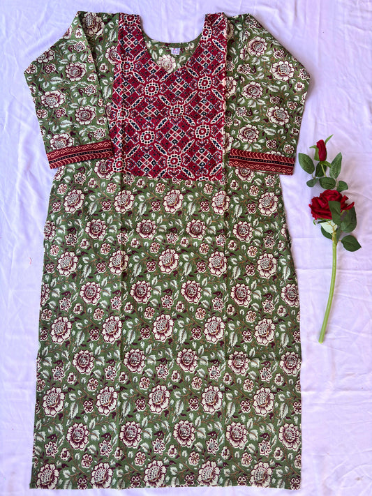 Straight Green Maroon Yoke Kurti