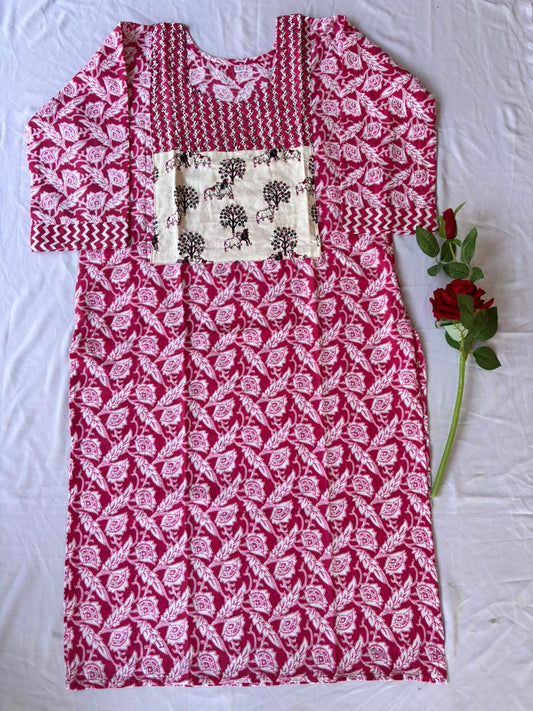 Straight White Pink Yoke Kurti