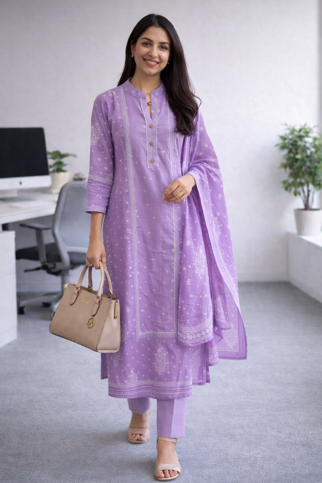 Lavender Mandarin Collar Kurti Set