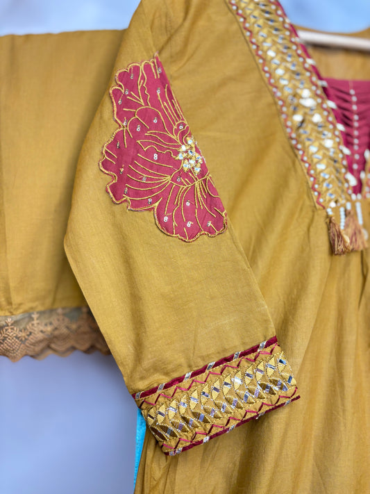 Mustard Yellow With Maroon Floral Applique Kurti Set