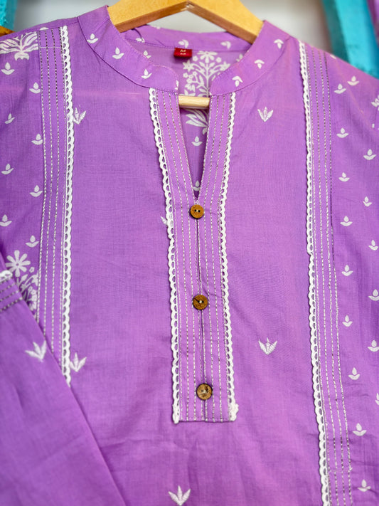 Lavender Mandarin Collar Kurti Set