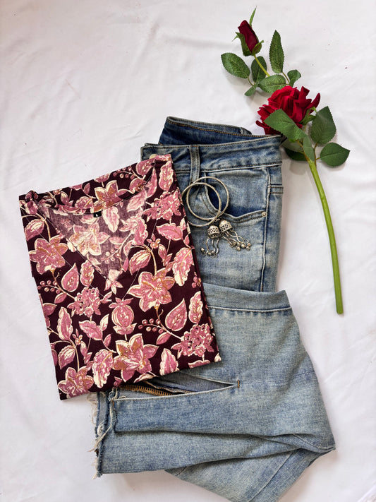Maroon Floral Short Cotton Kurti