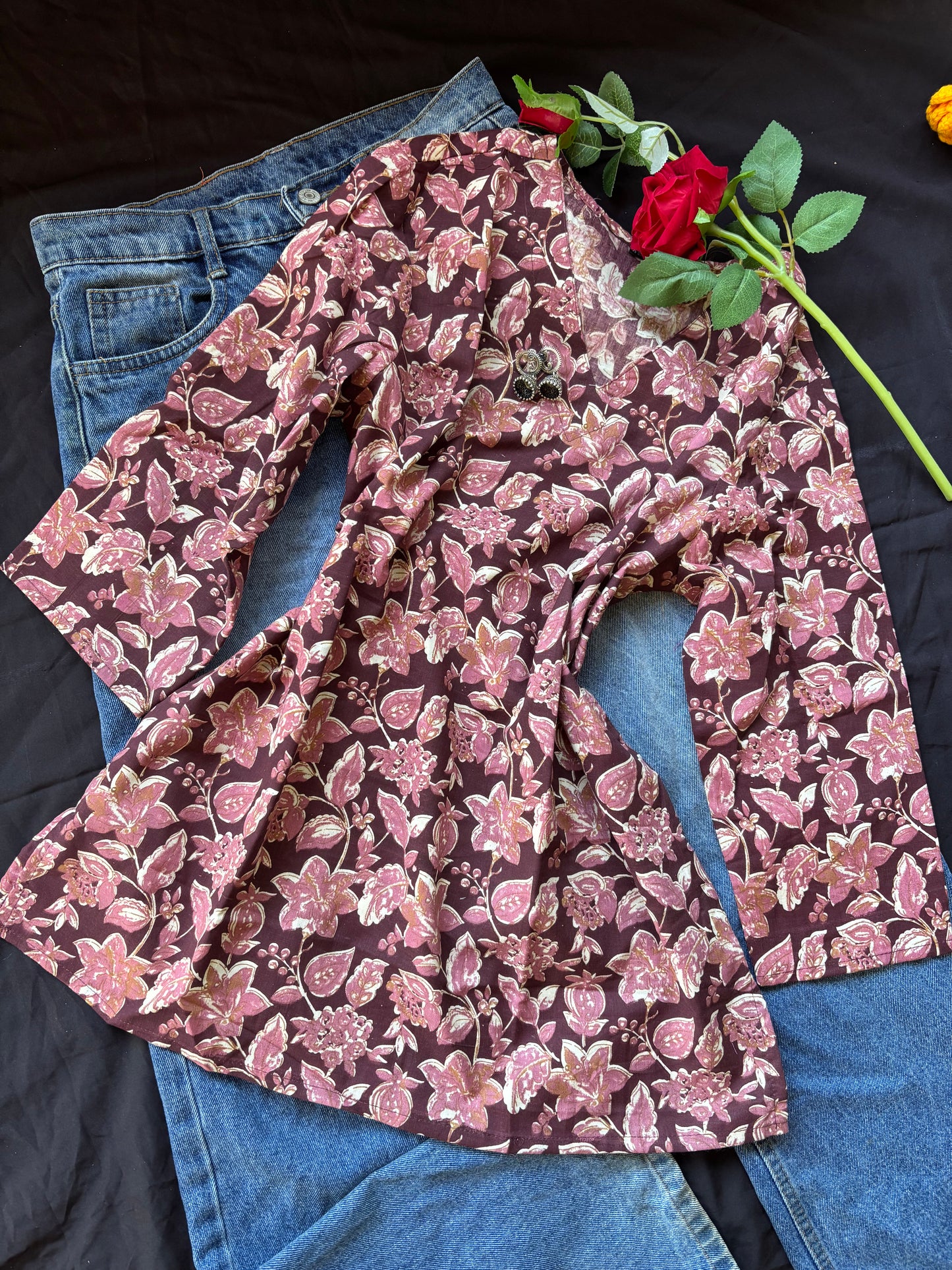 Maroon floral cotton kurti