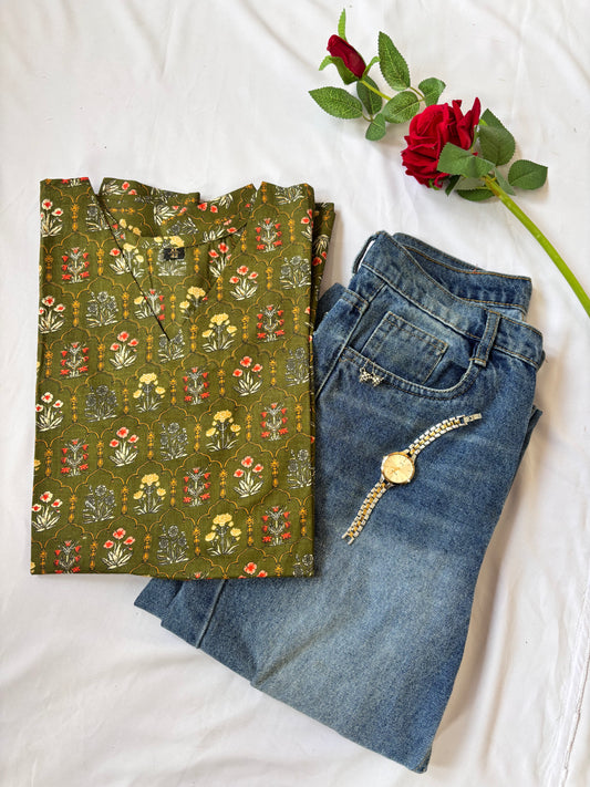 Olive Green Bell Sleeves Printed Kurti