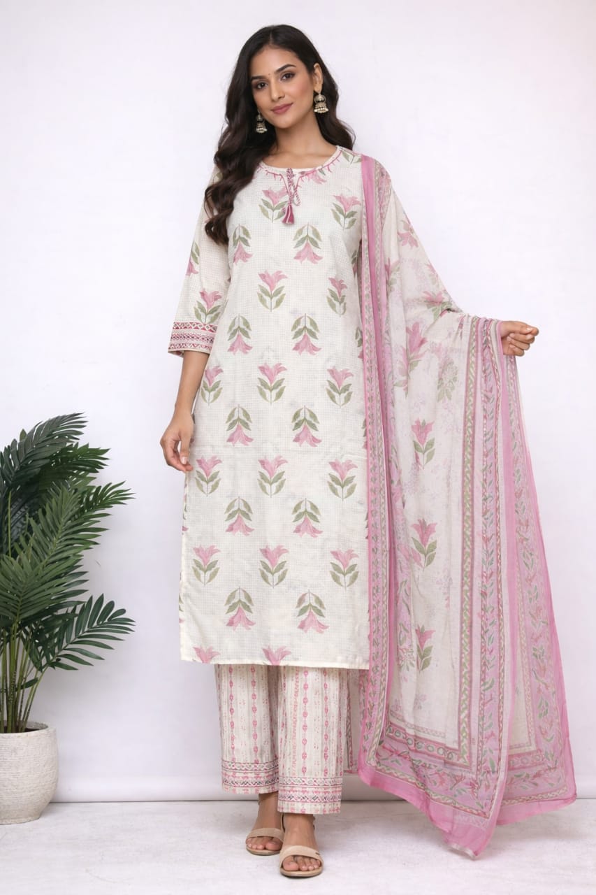 WHITE PINK FLORAL KURTI SET