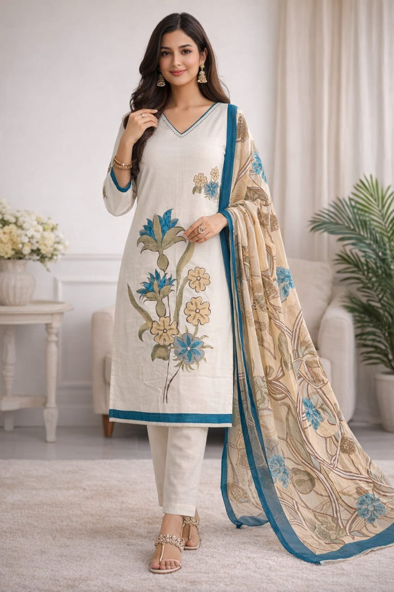 White Cotton Flex Kurti Set