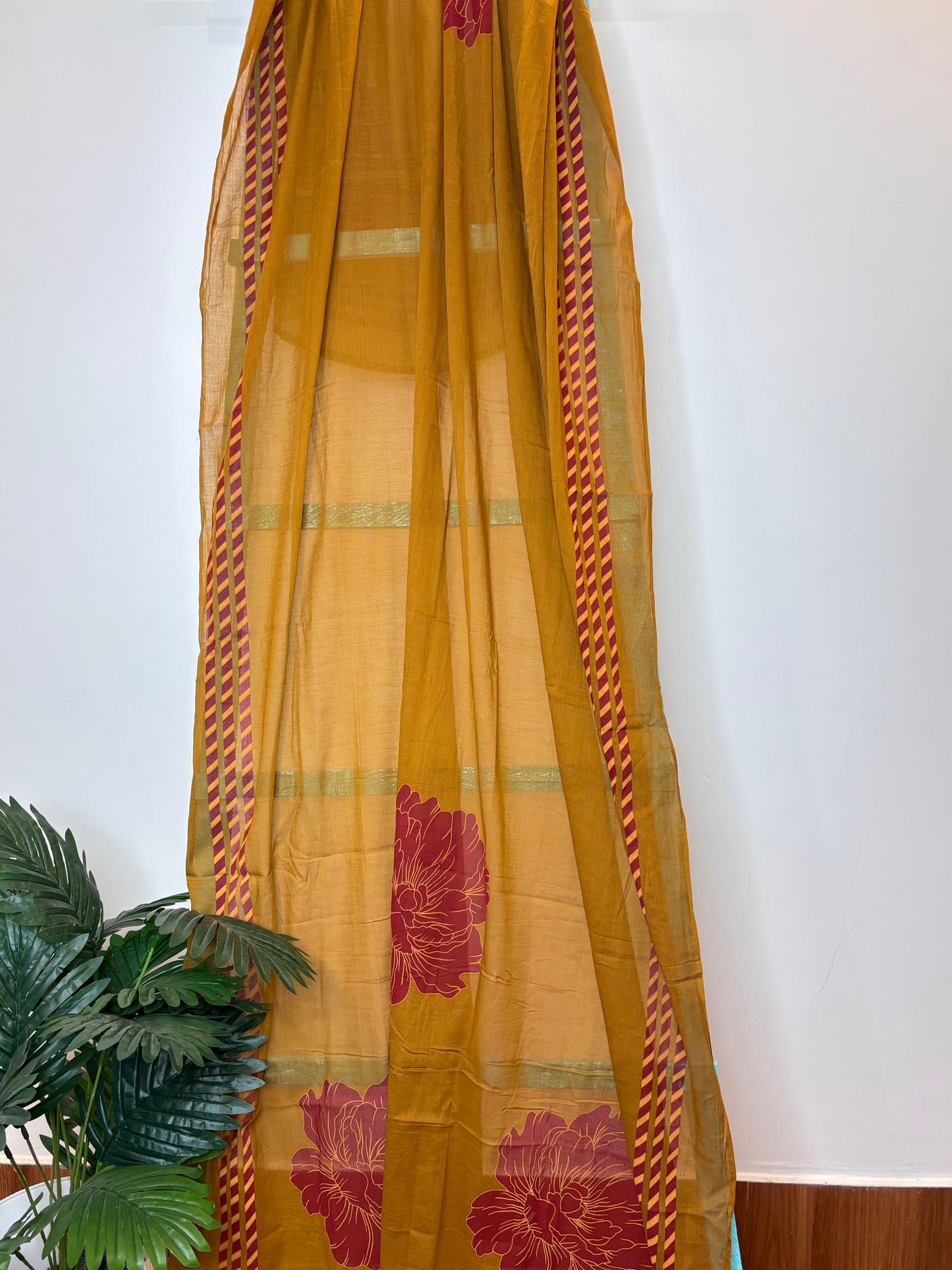 Mustard Yellow With Maroon Floral Applique Kurti Set