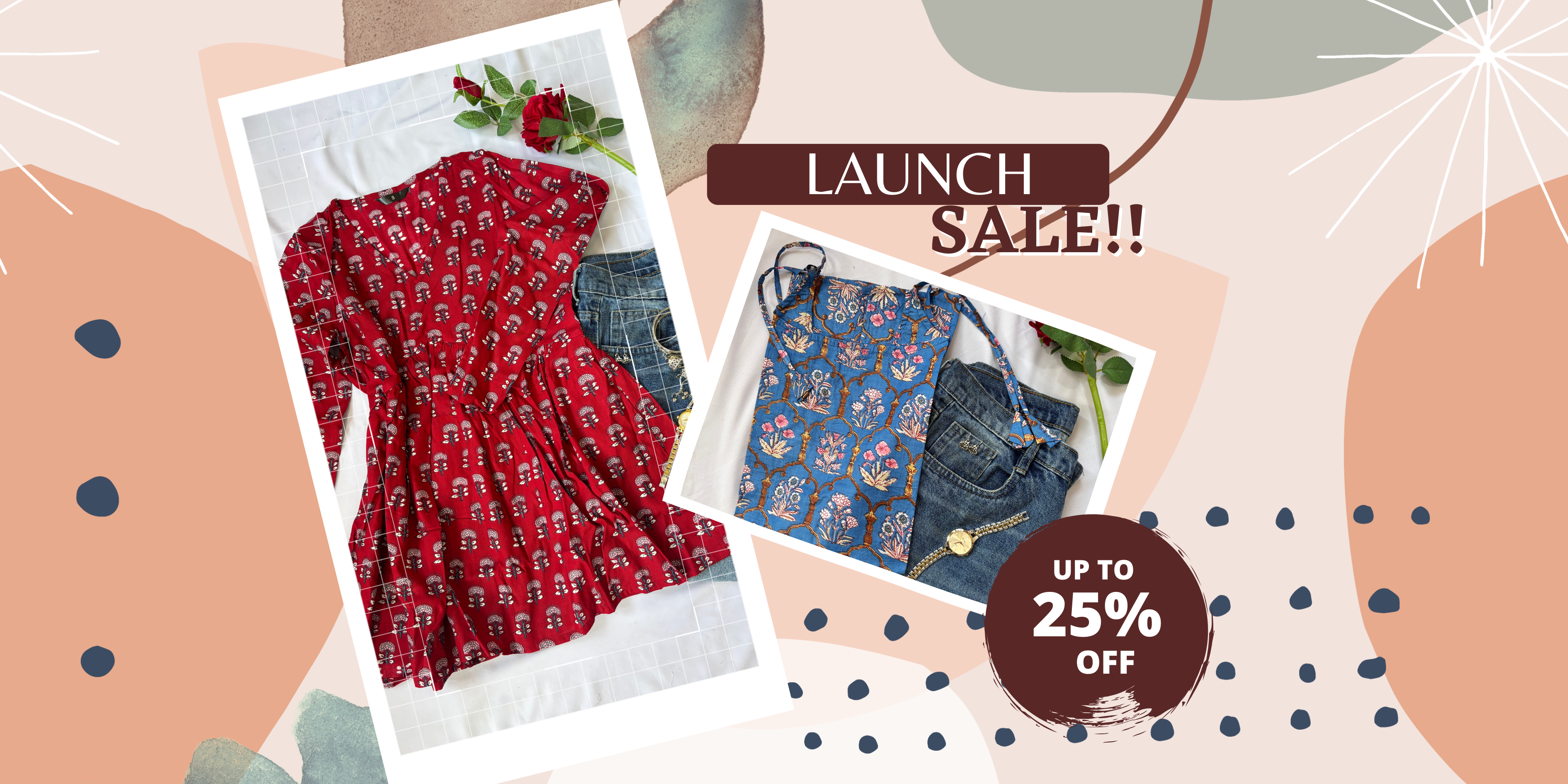 Promotional graphic for a launch sale with clothing items and discount text.