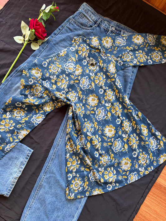 Blue Floral Cotton Kurti