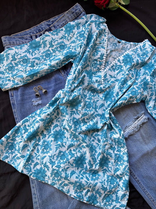 Blue Floral Cotton Kurti