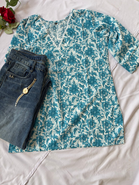 Blue Floral Short Cotton Kurti