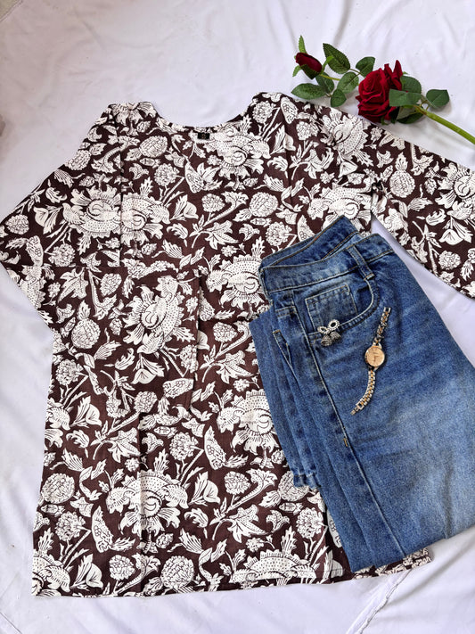Brown Floral Bell Fullsleeve Short Kurti