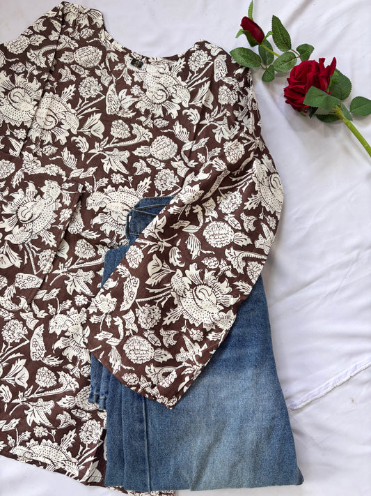Brown Floral Bell Fullsleeve Short Kurti