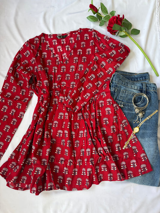 Classic Red Short Peplum Cotton Kurti
