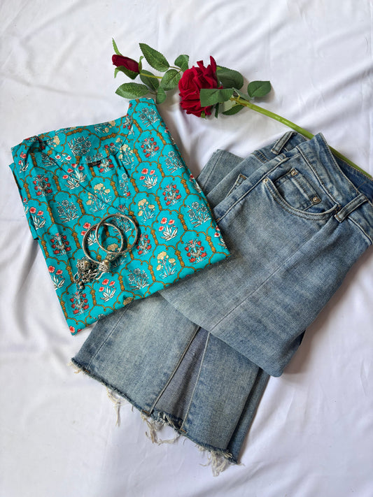 Teal Floral Printed Bell Full Sleeve Kurti