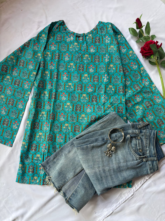 Teal Floral Printed Bell Full Sleeve Kurti
