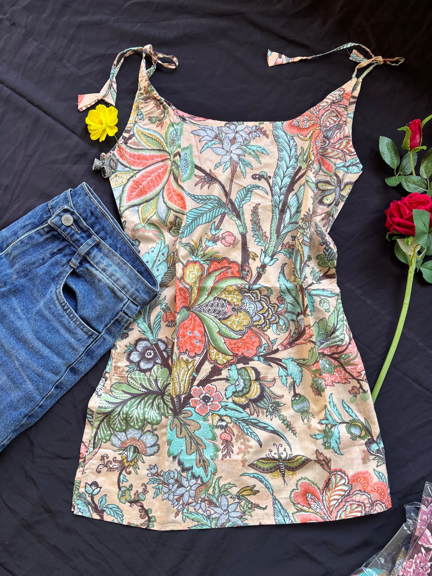 Floral Print Cotton Spaghetti Strap Kurti