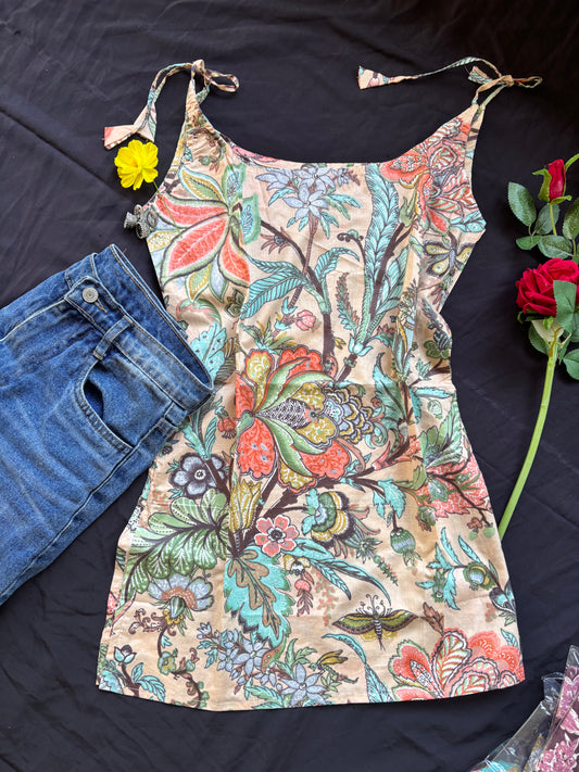 Floral Print Cotton Spaghetti Strap Kurti