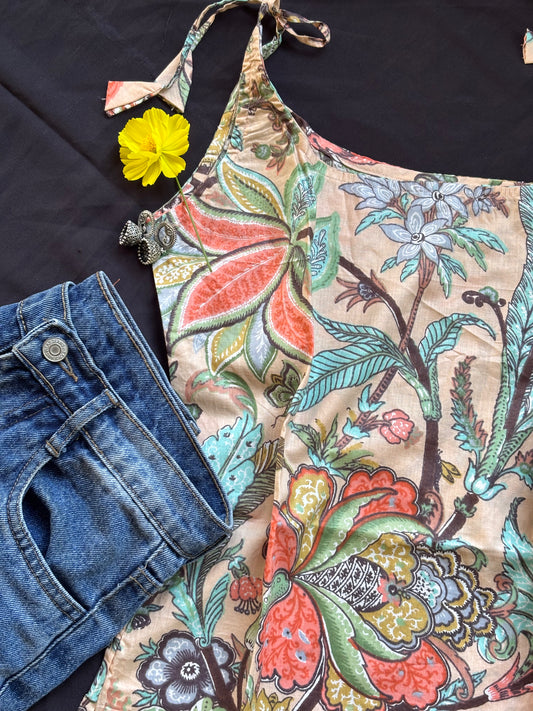 Floral Print Cotton Spaghetti Strap Kurti