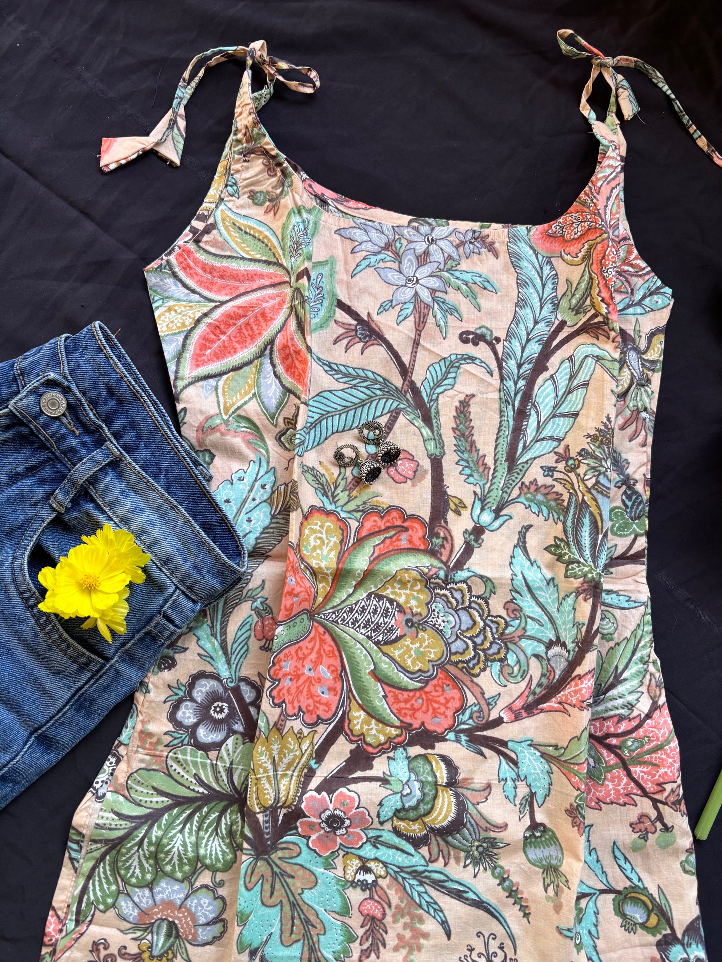 Floral Print Cotton Spaghetti Strap Kurti
