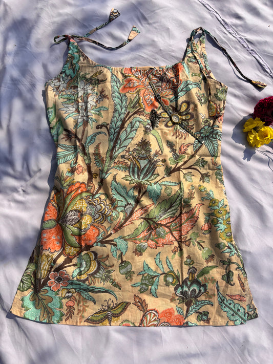 Beige Floral Spaghetti Strap Kurti