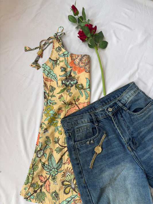 Beige Floral Spaghetti Strap Kurti