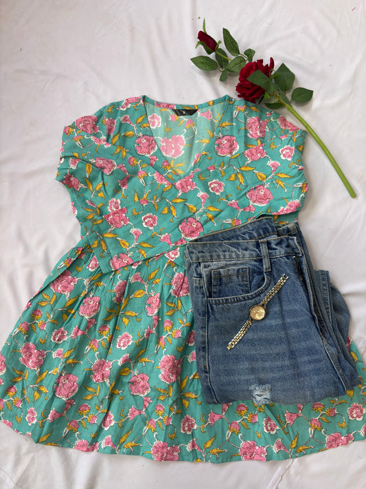 Peplum Aqua Green Full Sleeves Short Kurti