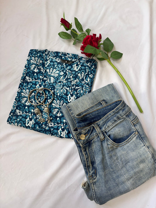 Peplum Full Sleeves Blue Floral Kurti