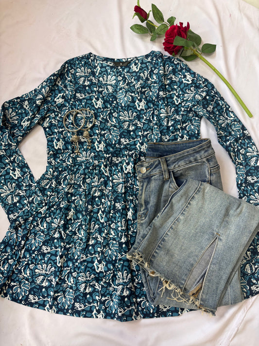 Peplum Full Sleeves Blue Floral Kurti