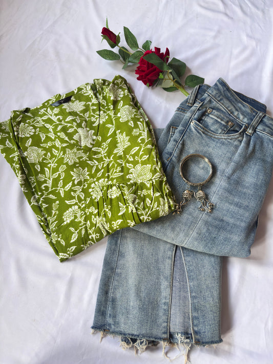 Peplum Green Full Sleeves Floral Kurti