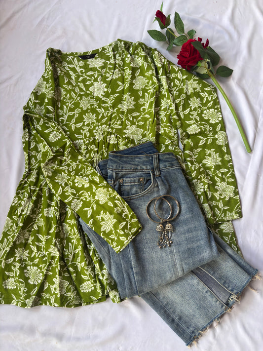 Peplum Green Full Sleeves Floral Kurti