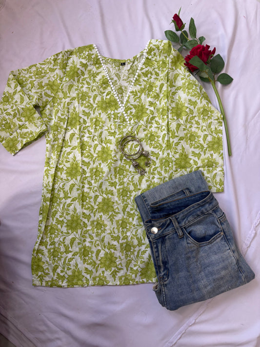 Green Floral  Short Kurti