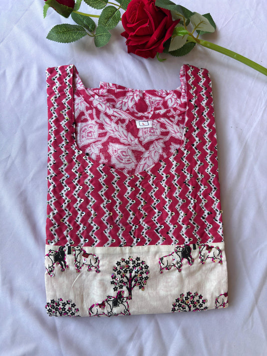 Straight White Pink Yoke Kurti