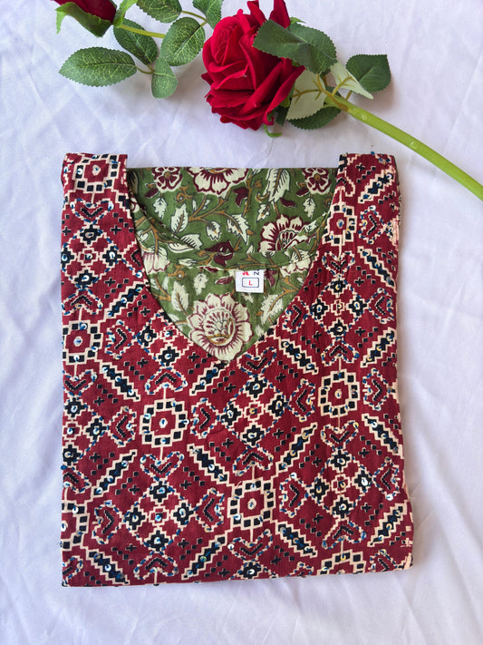 Straight Green Maroon Yoke Kurti