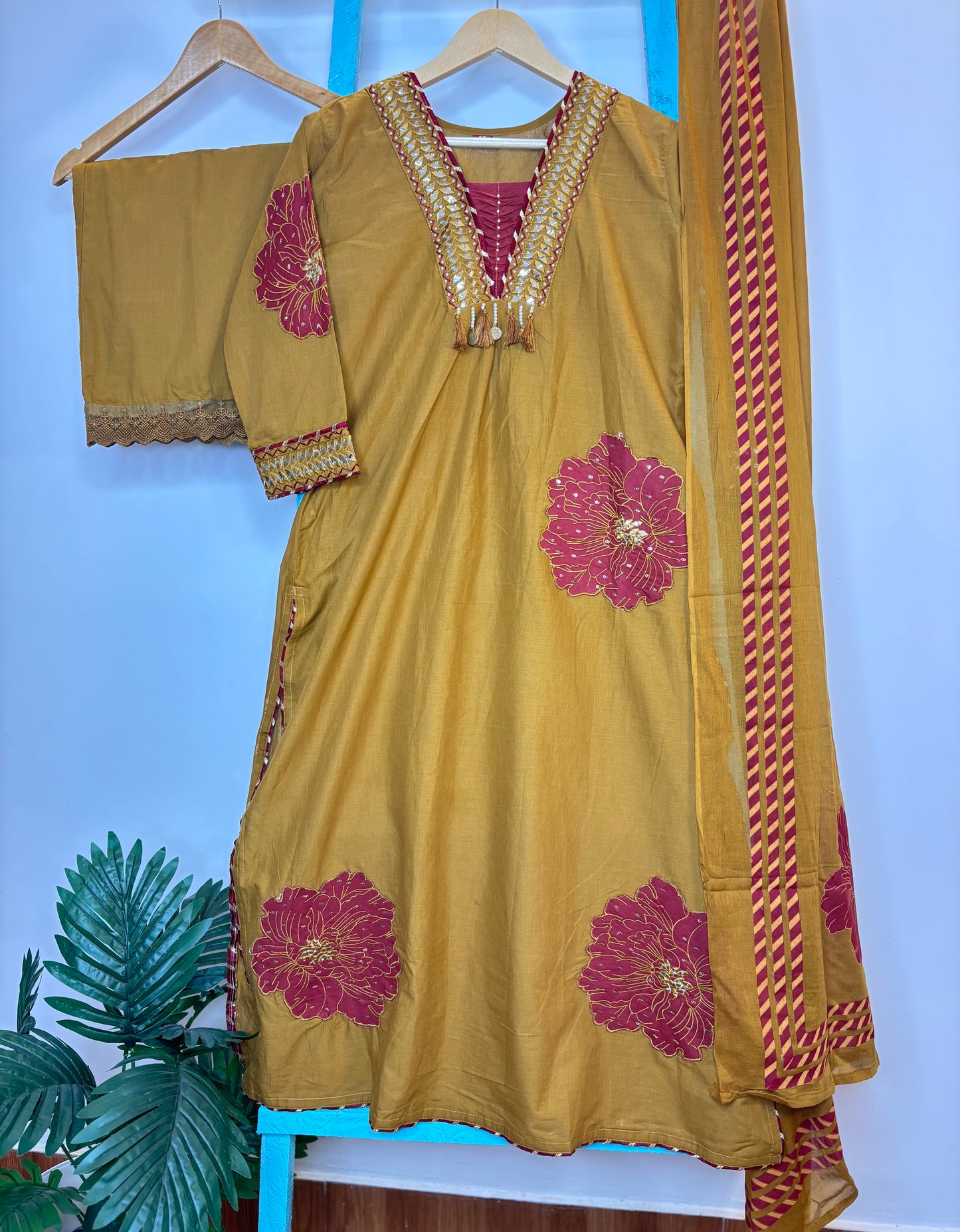 Mustard Yellow With Maroon Floral Applique Kurti Set