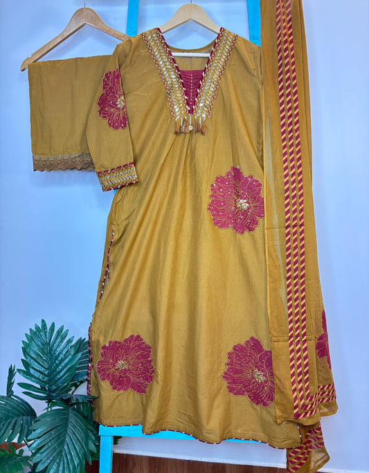 Mustard Yellow With Maroon Floral Applique Kurti Set