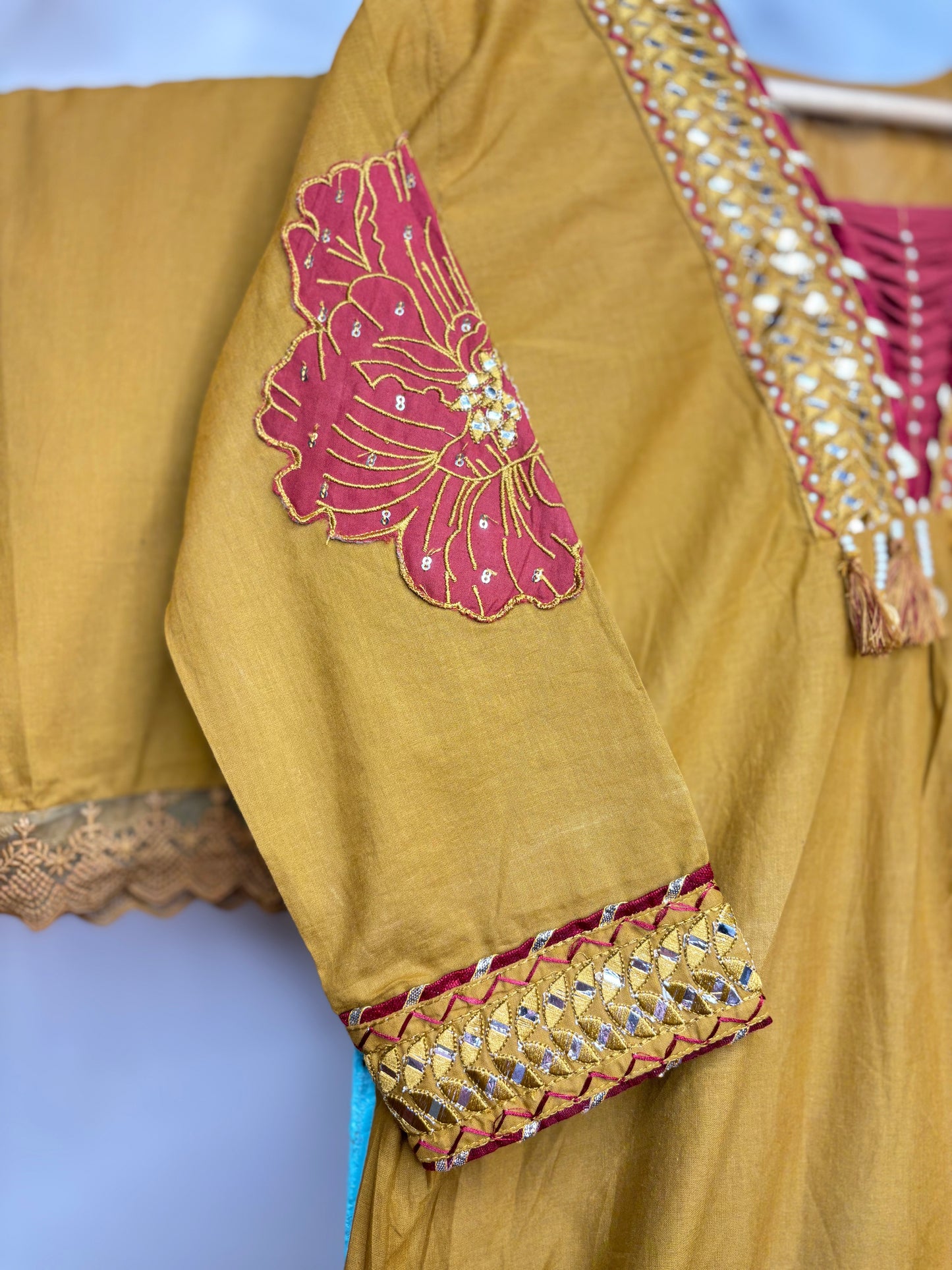 Mustard Yellow With Maroon Floral Applique Kurti Set