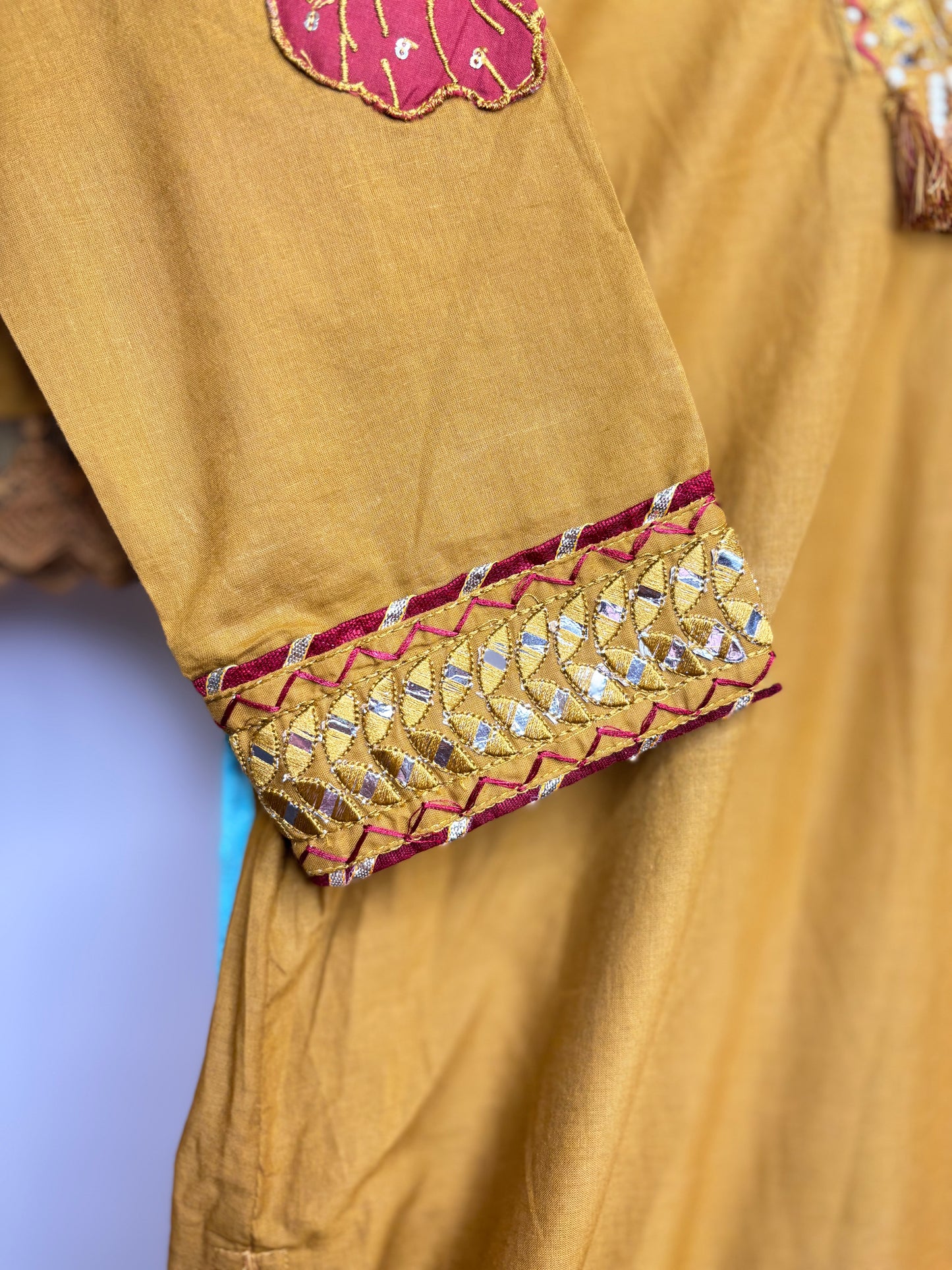 Mustard Yellow With Maroon Floral Applique Kurti Set