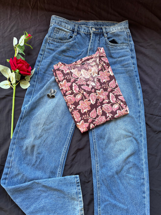 Maroon floral cotton kurti