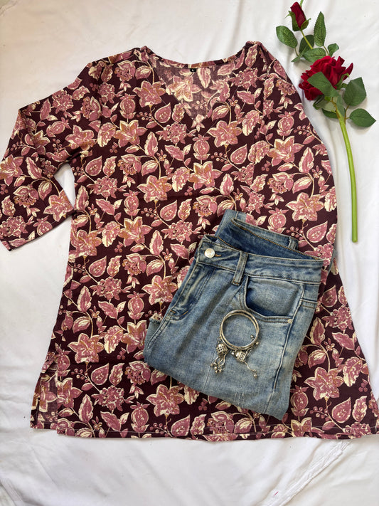 Maroon Floral Short Cotton Kurti