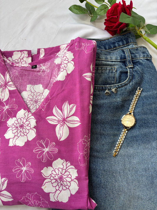 Pink Floral Cotton Kurti