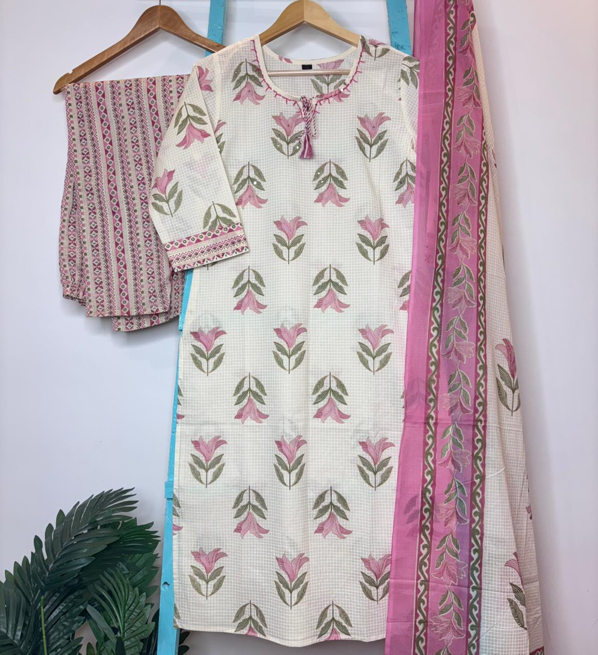 WHITE PINK FLORAL KURTI SET