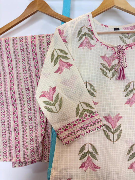 WHITE PINK FLORAL KURTI SET