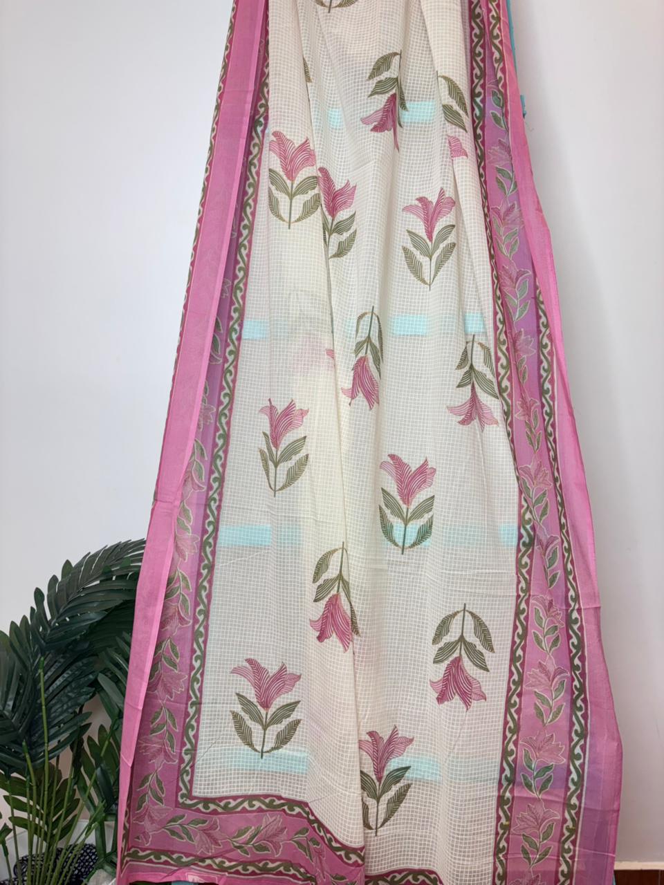 WHITE PINK FLORAL KURTI SET